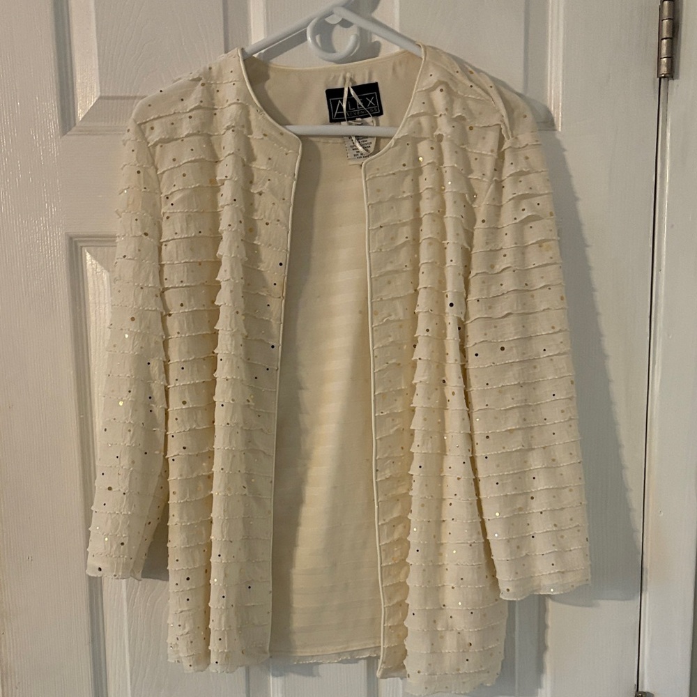 Sequin Textured Cream Open Front Cardigan Lightweight Neutral Layer - Picture 3 of 7